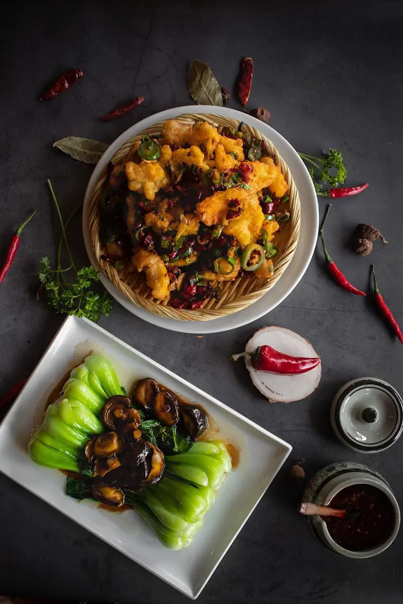 Ya-Ya-Chinese-Restaurant-Spicy-Fried-Fish-Fillets-and-Mushroom-Bok-Choy-Houston Spicy fried fish fillets and mushroom bok choy combo at Ya Ya, a Chinese Restaurant in Houston